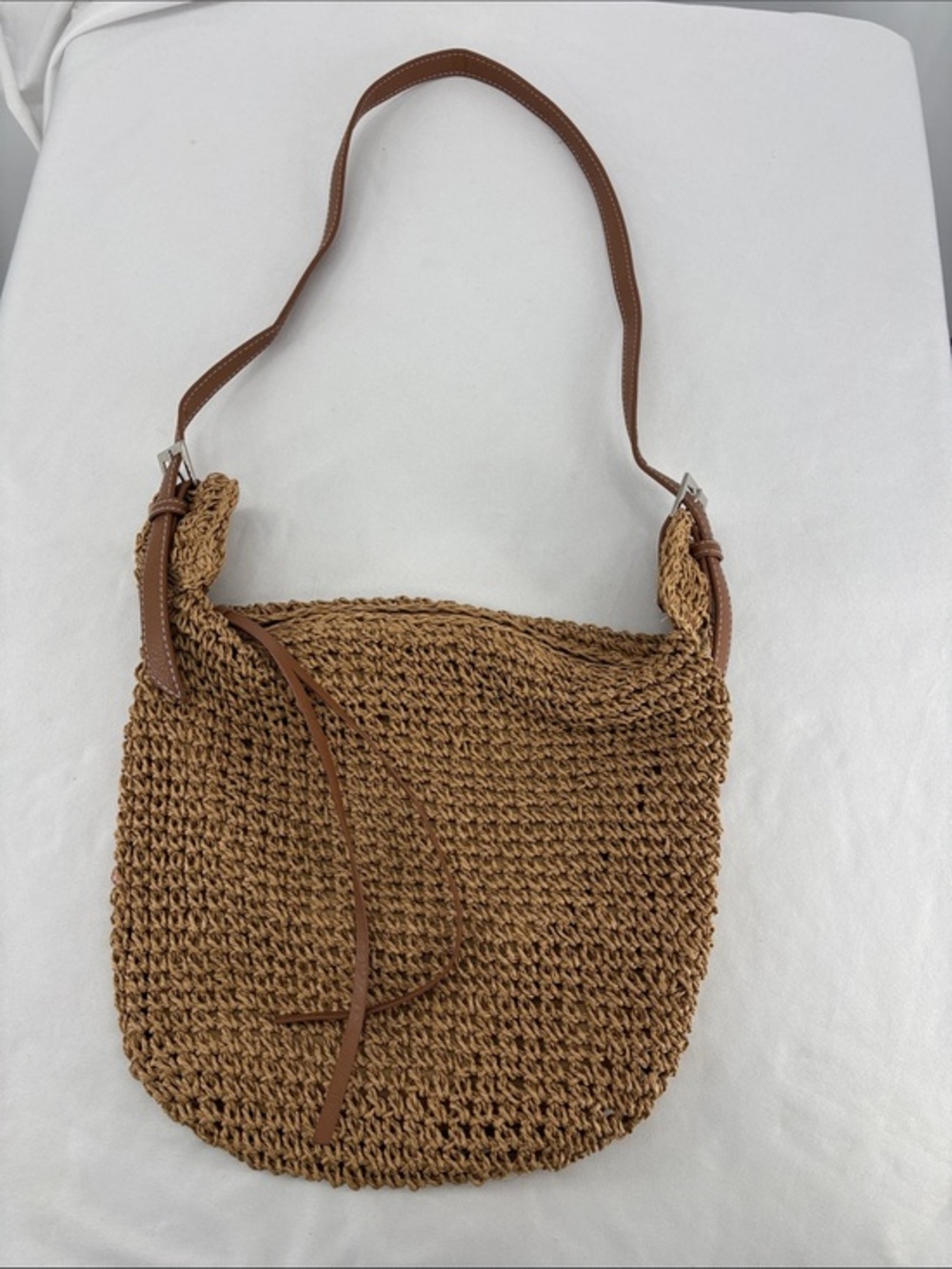 OWGSEE Woven Straw Shoulder Bag with Brown Leather adjustable crossbody bag